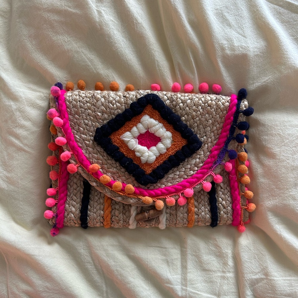 Colorful Woven Clutch with Pom Poms
